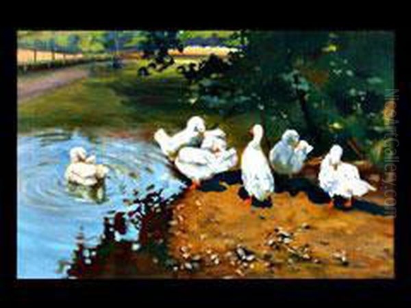 Enten Unter Gebusch An Einem Teichufer Oil Painting by Paul-Wilhelm Keller-Reutlingen