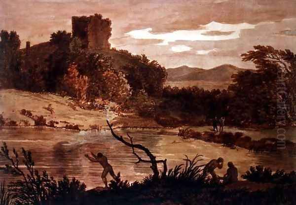 Landscape with men bathing Oil Painting by Alexander Cozens