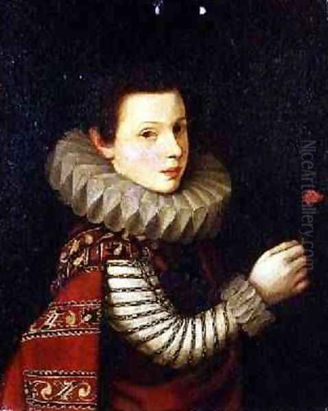 Portrait of a boy holding a red carnation Oil Painting by Juan Pantoja de la Cruz