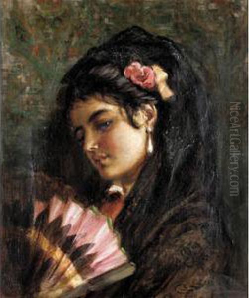 A Spanish Girl With A Fan Oil Painting by Robert Kemm