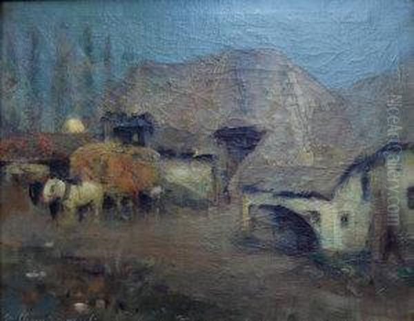 Harvesting With Thatched Farm Dwellings Under A Rising Moon Oil Painting by William Kennedy