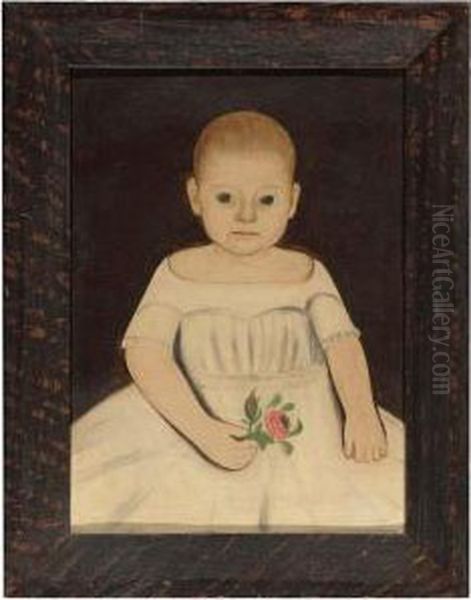 A Portrait Of A Little Girl In A White Dress Holding A Rose Oil Painting by William Kennedy