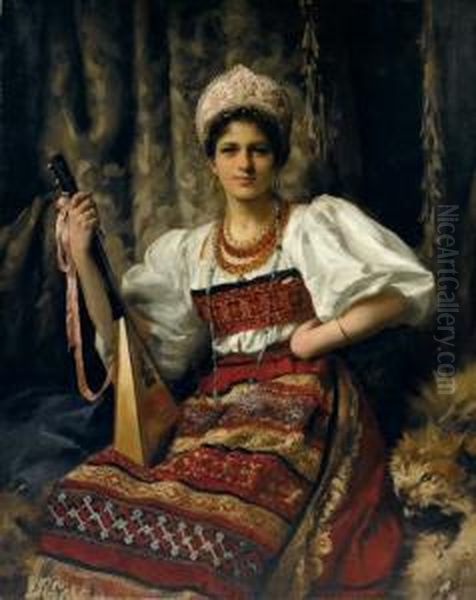 Portrait Of Anne In Russian Costume, Three-quarter Length, Holding A Balalaika Oil Painting by Thomas Benjamin Kennington