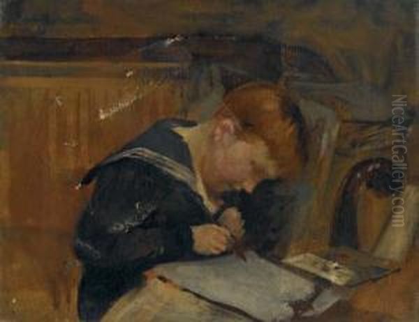 Boy Reading At A Table Oil Painting by Thomas Benjamin Kennington