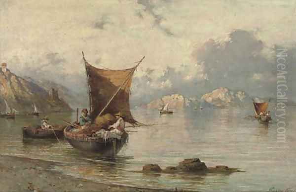 Fishingboats near Sorrento, Italy Oil Painting by Giuseppe Carelli