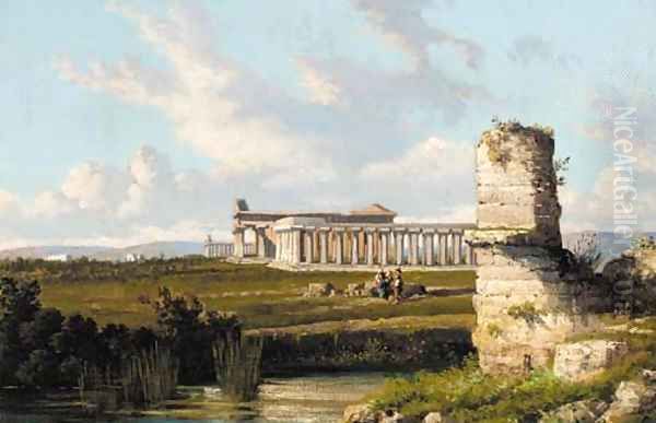 The Gulf of Naples from Posillipo; and The three temples of Paestum Oil Painting by Giuseppe Carelli