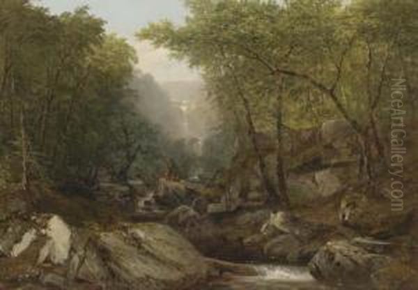 Waterfall In The Woods With Indians Oil Painting by John Frederick Kensett