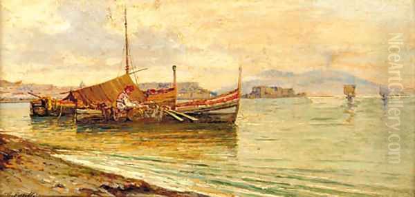 Fishing boats in the Bay of Naples Oil Painting by Giuseppe Carelli