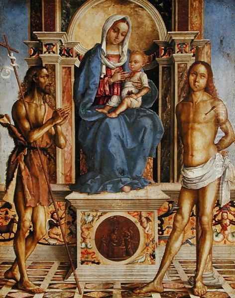 The Virgin and Child Enthroned with St. John the Baptist and St. Sebastian Oil Painting by Francesco Da Cotignola (see Zaganelli, Francesco di Bosio)