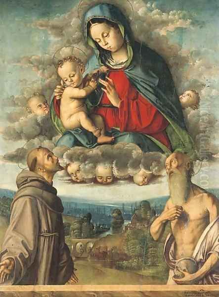 The Madonna and Child appearing to Saints Francis of Assisi and Jerome Oil Painting by Francesco Da Cotignola (see Zaganelli, Francesco di Bosio)