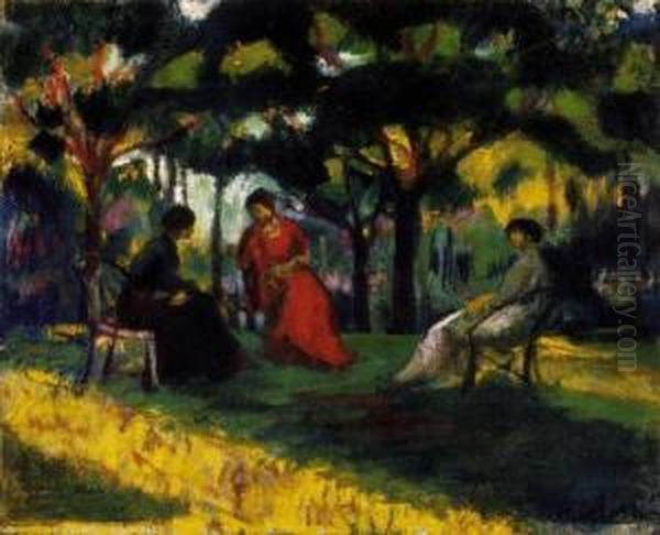 Afternoon Rest - Sitting In The Park Oil Painting by Josef Karoly Kernstok