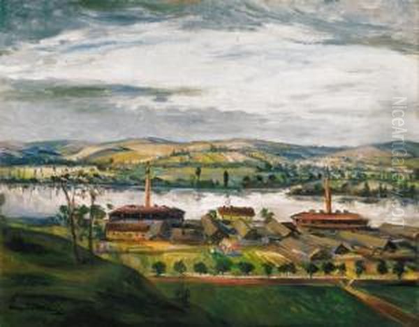 Landscape By The River Danube Oil Painting by Josef Karoly Kernstok