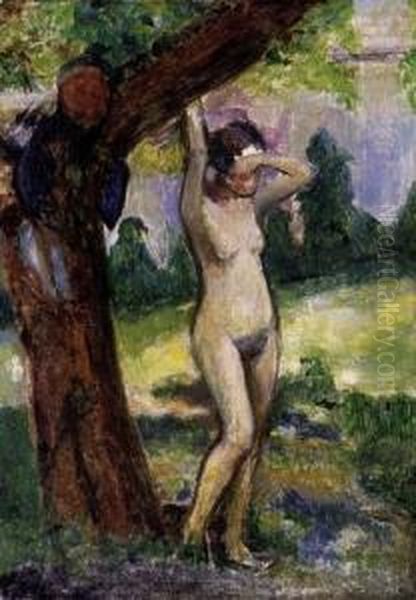 Nude In The Open Air Oil Painting by Josef Karoly Kernstok