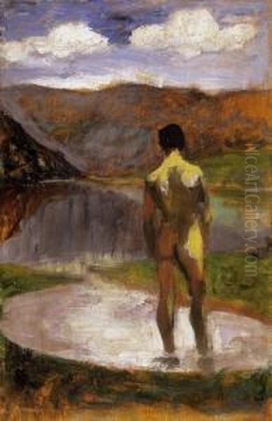 Stepping In The Water Oil Painting by Josef Karoly Kernstok