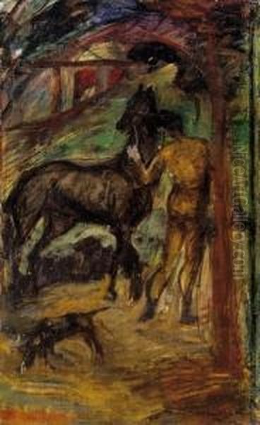 Male Nude With A Horse And A Dog Oil Painting by Josef Karoly Kernstok