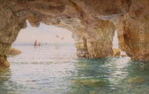 View Through A Rock Arch, Fishingboats And Sea Gulls Beyond Oil Painting by Frederick B. Kerr