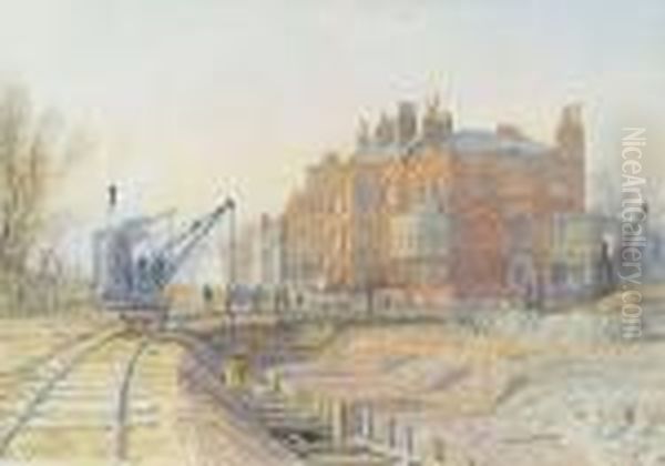 Bellevue House, Later 92, Cheyne
 Walk, Chelsea, Showing The Construction Of The New Bridge To Battersea Oil Painting by Frederick B. Kerr