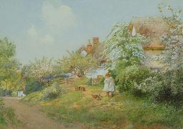 Two Girls Feeding Chickens On A Village Lane Oil Painting by Frederick B. Kerr