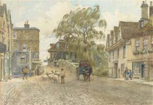 A Shepherd Driving His Flock Through A Town Oil Painting by Frederick B. Kerr