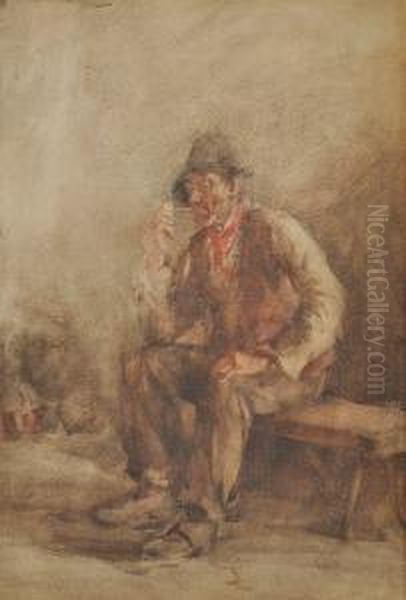 A Man Smoking A Pipe On A Bench Oil Painting by Henry Wright Kerr