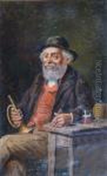 An Elderly Man Seated Holding A Pipe In One Hand And A Cornet In The Other Oil Painting by Henry Wright Kerr