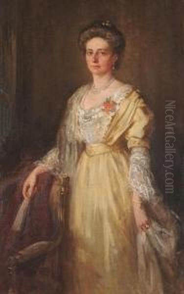 Portrait Of An Edwardian Lady, Three-quarter Length, Wearing An Elegant Yellow Dress. Oil Painting by Henry Wright Kerr