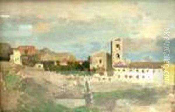 Scottish 1864/65-- View Of A 
Monastery On A Hill Top, Either In Italy Or Spain; Oil On Board, Bears 
Inscription In Pencil On The Back Board, 19x28cm Oil Painting by James Kerr-Lawson