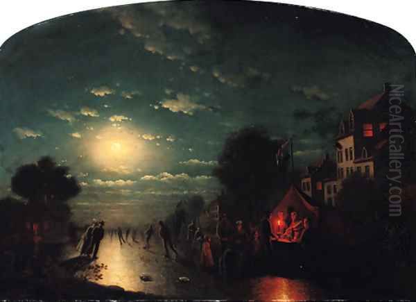 Elegant Skating by Moonlight Oil Painting by Johann Mongels Culverhouse