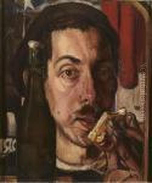 Self-portrait With A Bread Roll Oil Painting by Dick Ket