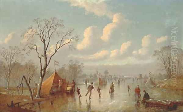 Skaters on a Dutch waterway Oil Painting by Johann Mongels Culverhouse