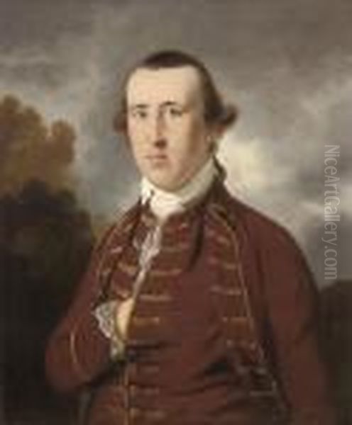 Portrait Of A Gentleman, 
Half-length, In A Rust Coat And Waistcoatwith Gold Frogging, In A 
Landscape Oil Painting by Tilly Kettle