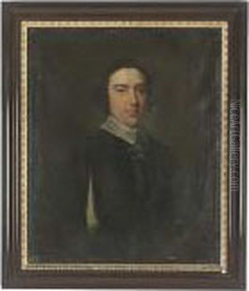 Portrait Of A Gentleman, 
Bust-length, In A Blue Coat With White Collar And Slashed Sleeves, 
Feigned Oval Oil Painting by Tilly Kettle