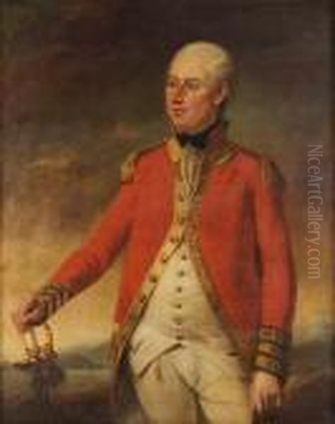 Portrait Of An Officer Of The 
Foot Guards, Standing Three-quarter-length, In A Scarlet Frock Coat, 
With His Hand Resting On The Hilt Of His Sword, A View To A Landscape 
Beyond Oil Painting by Tilly Kettle