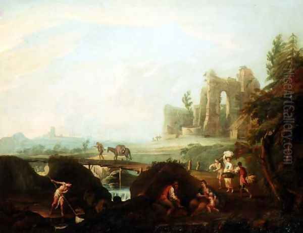 Landscape with Travellers and Fishermen Oil Painting by Scipione Cignaroli