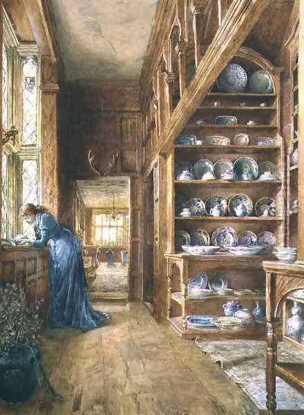 Interior of a panelled house with a collection of Imari and Blue and White Porcelain Oil Painting by Ellen Clacy