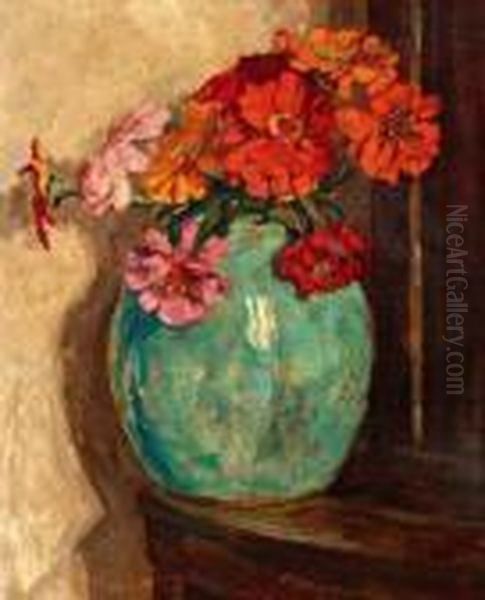 Gerbera's In Groene Vaas Oil Painting by Jacob Simon Hendrik Kever