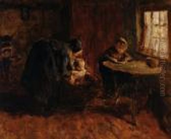 Interior With Mother And Twochildren Oil Painting by Jacob Simon Hendrik Kever