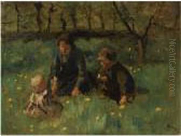 Children In The Fields Oil Painting by Jacob Simon Hendrik Kever