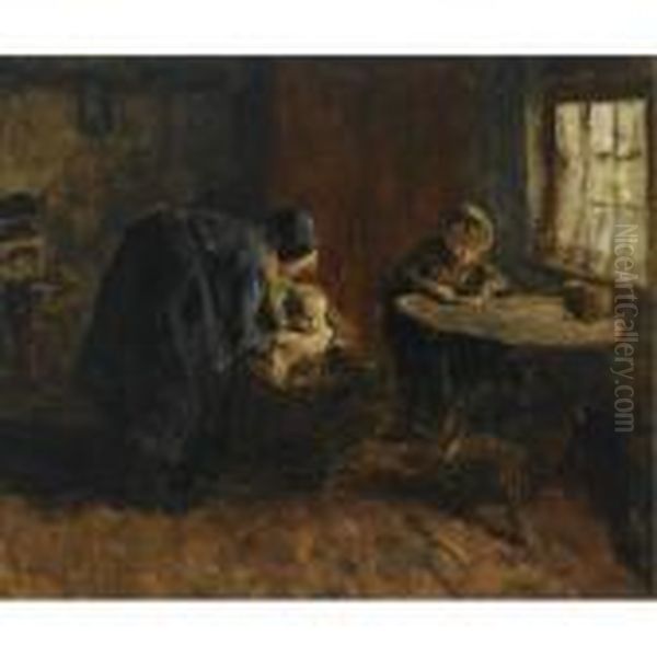 A Peasant Woman And Her Children In An Interior Oil Painting by Jacob Simon Hendrik Kever