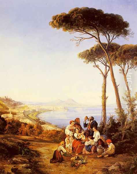 A Group Of Peasants With The Bay Of Naples Beyond Oil Painting by Consalvo Carelli