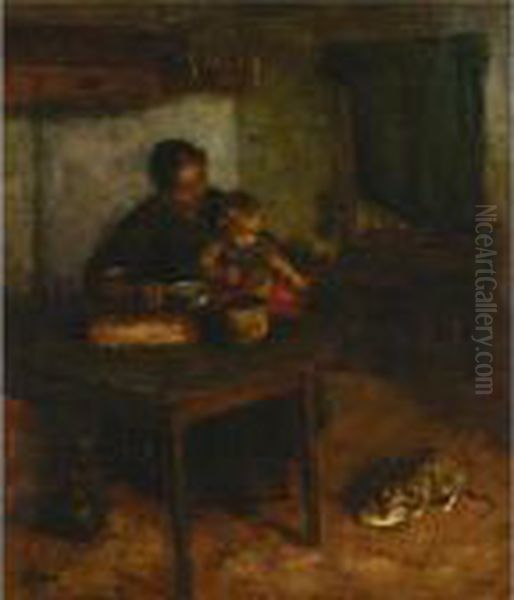 A Cottage Interior With Mother And Child Oil Painting by Jacob Simon Hendrik Kever