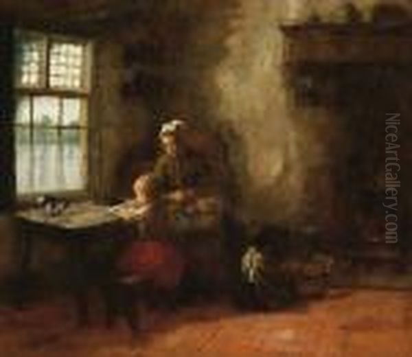 Woman With Children In An Interior Oil Painting by Jacob Simon Hendrik Kever