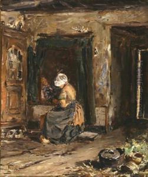 Kitchen Interior With A Seated Woman Oil Painting by Jacob Simon Hendrik Kever