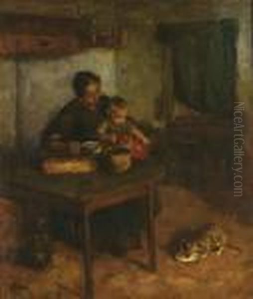 Mother And Child In An Interior Oil Painting by Jacob Simon Hendrik Kever