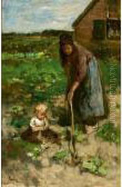 Mother And Child In The Garden Oil Painting by Jacob Simon Hendrik Kever