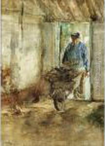 A Farmer With A Wheelbarrow Oil Painting by Jacob Simon Hendrik Kever