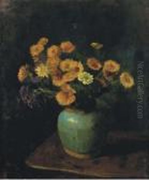 Yellow Flowers In A Vase Oil Painting by Jacob Simon Hendrik Kever