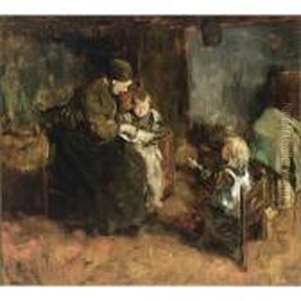 A Mother And Her Children In An Interior Oil Painting by Jacob Simon Hendrik Kever