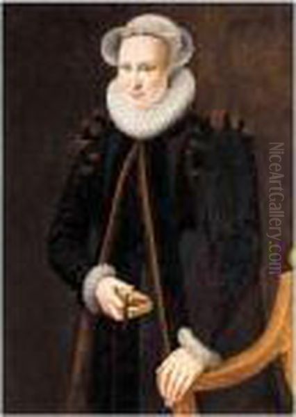 A Portrait Of A Lady, 
Three-quarter Length, Wearing A Black Coat And A White Ruff, Holding A 
Book Oil Painting by Adriaen Thomasz Ii Key