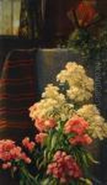 Interior Scene With Still Life Of Pink And Whitehydrangeas Oil Painting by John Ross Key